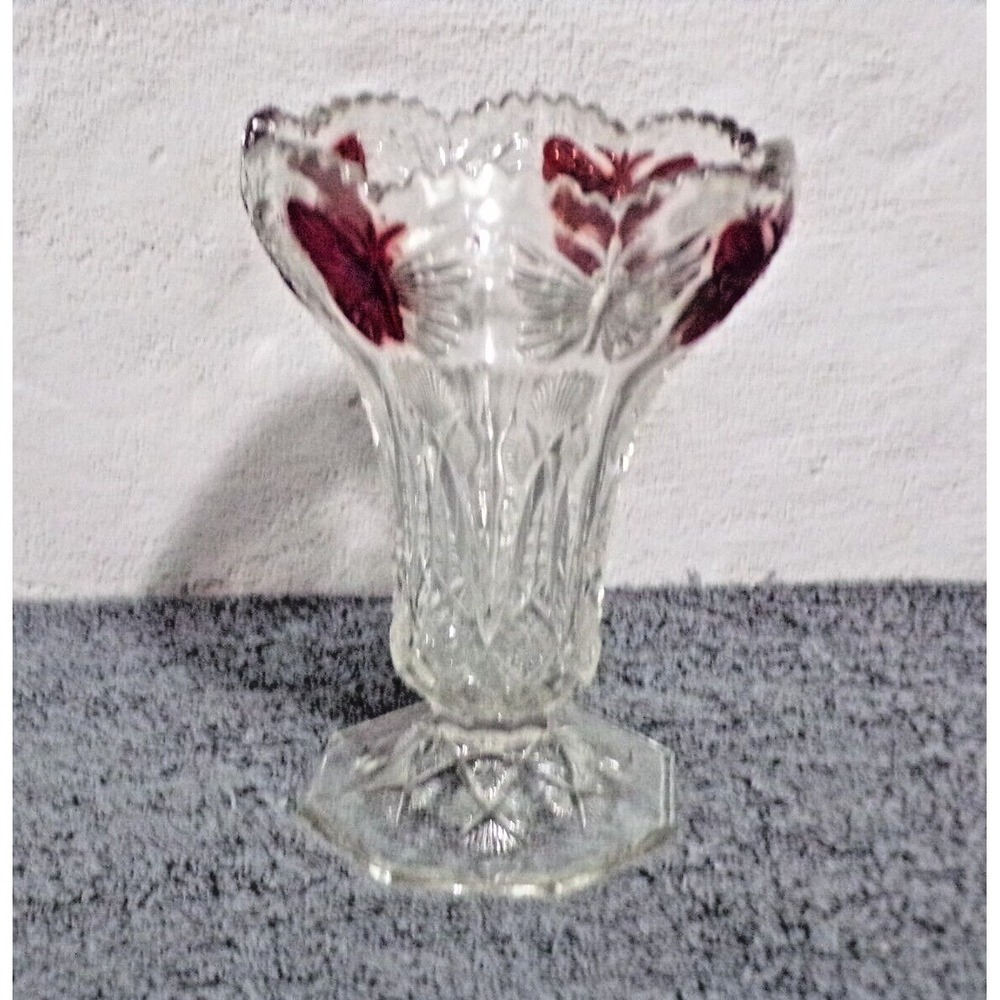Vintage Ruby Red Butterfly Crystal Cut Clear Glass Vase Elegant Center Piece